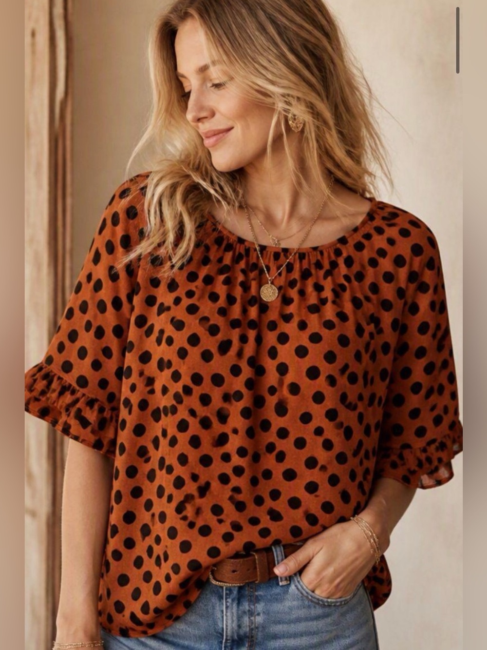 Maxwell Burnt Orange Velvet Polka Dot Short Sleeve Top with ruffled sleeves